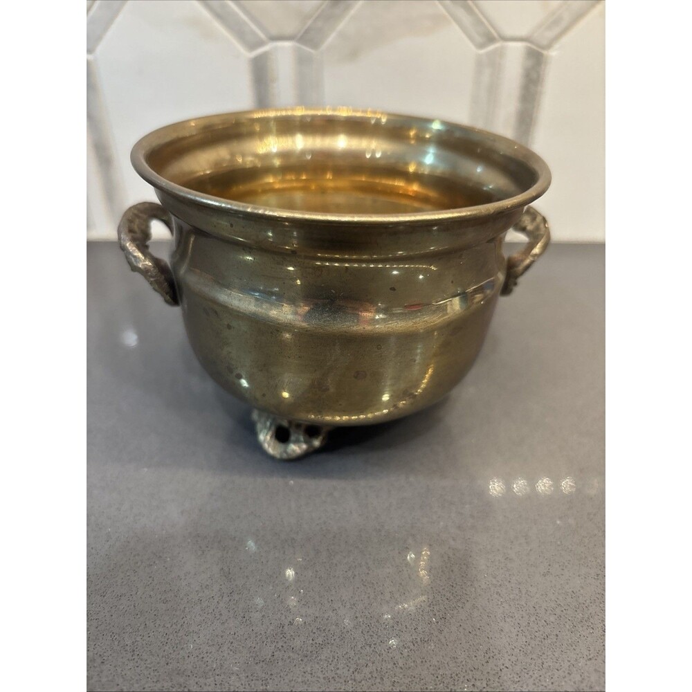 Vintage Brass Pot With Cast Brass Handles And Feet - Made In India - Picture 1 of 8